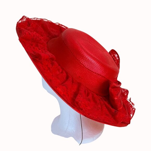 Vintage Wide Brimmed Derby Hat Red Flat Top Lace Bow Dramatic Silhouette - Picture 14 of 14